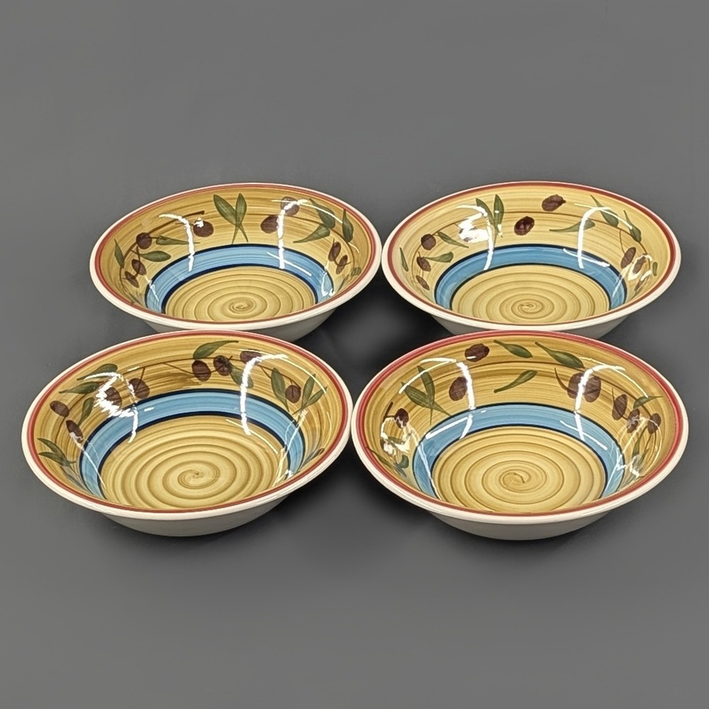 Royal Norfolk Stoneware Olive Branch Pasta Bowls Set of 4 Yellow Blue Rim 7.5"